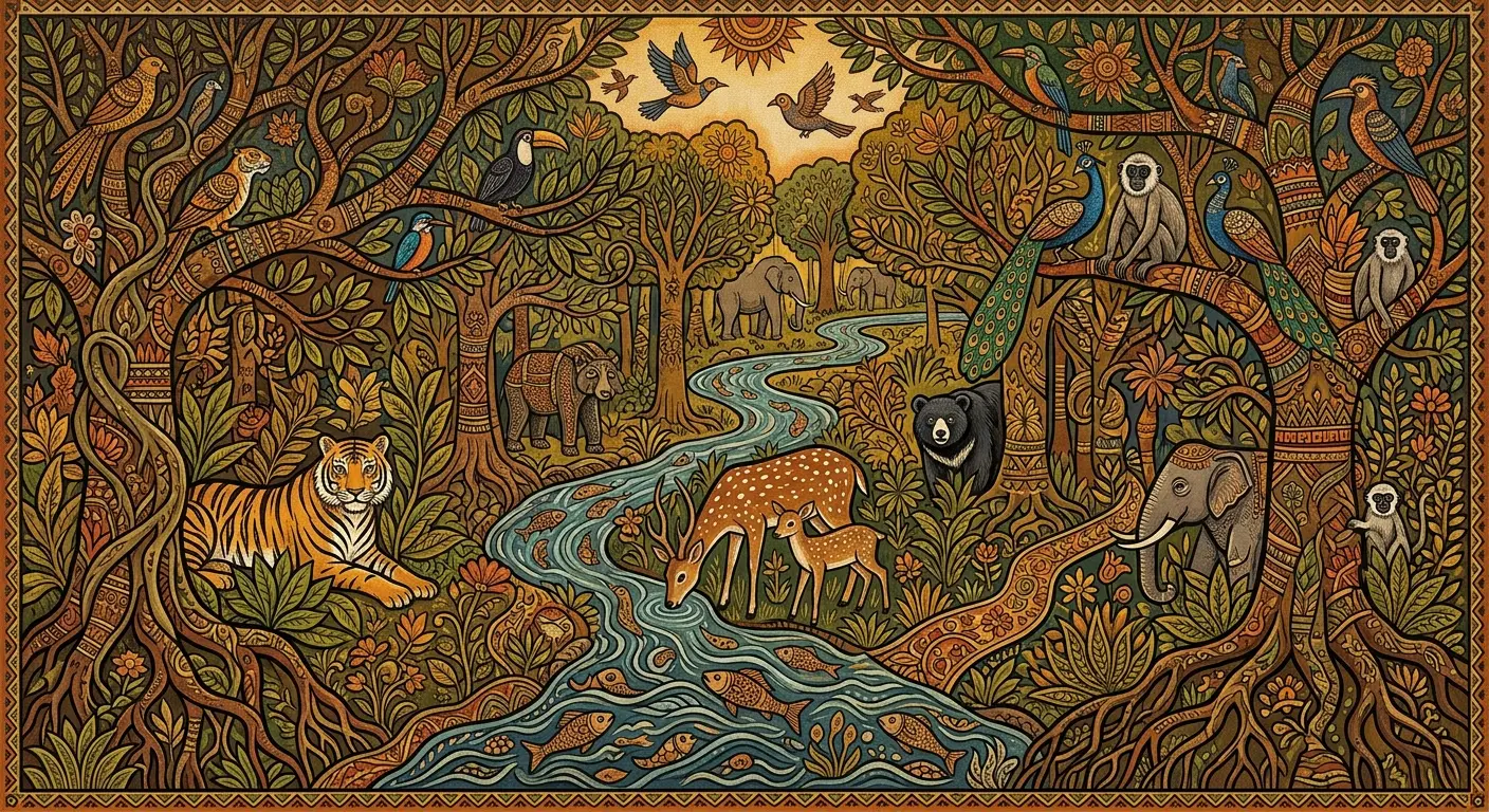 Folk Indica style dense Indian forest illustration